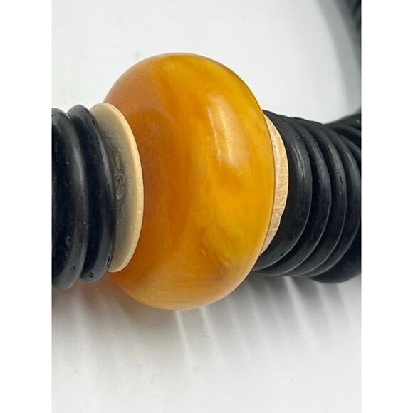 Vintage Black Bakelite Disc Necklace Butterscotch Amber Accent Statement Jewelry - Picture 8 of 13